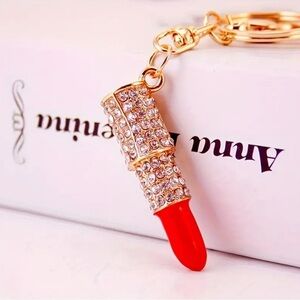 Red Rhinestone Lipstick Purse Charm Keychain – Gold Bling Bag Accessory – NWT